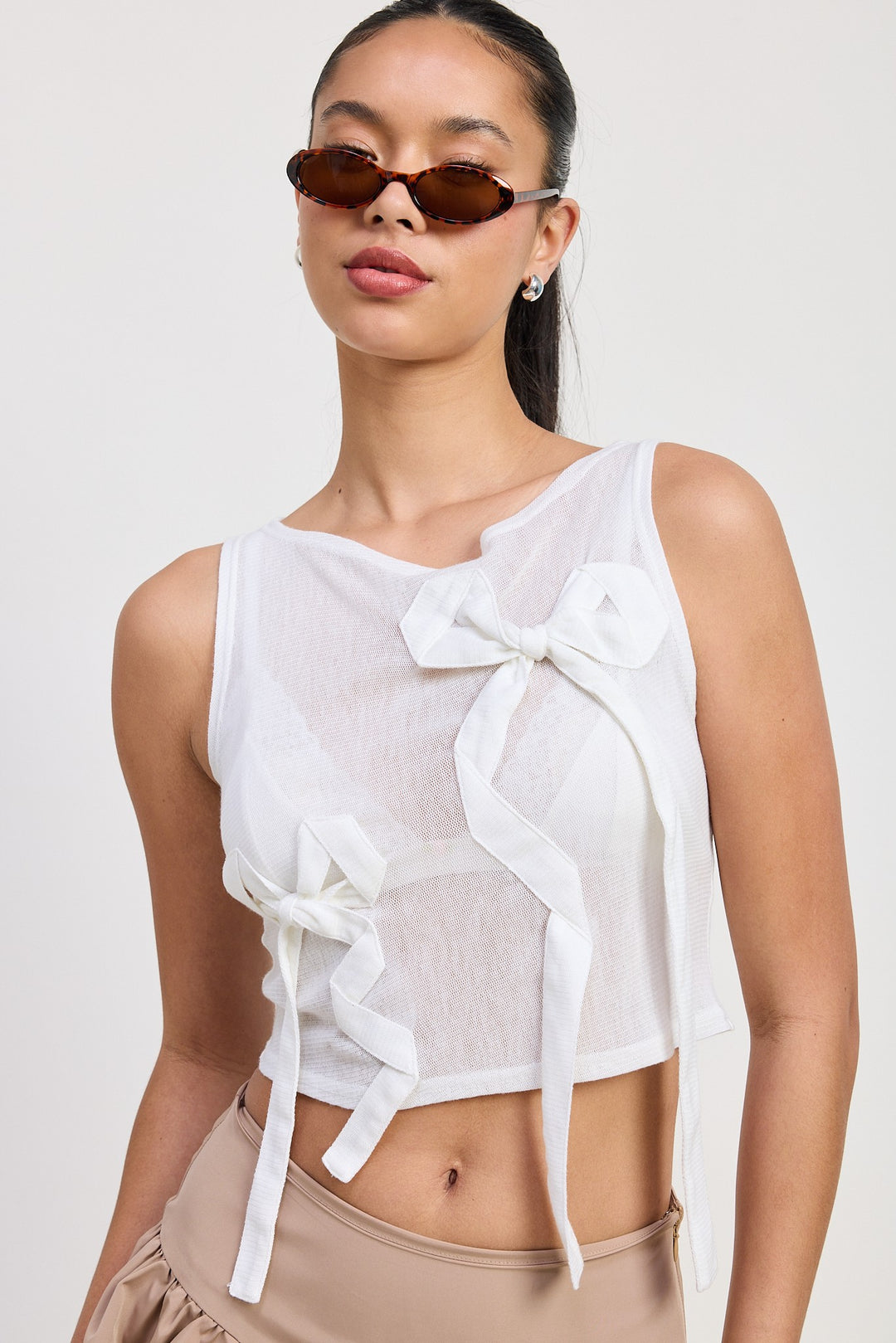 Off White Sleeveless Sheer Bow Top
