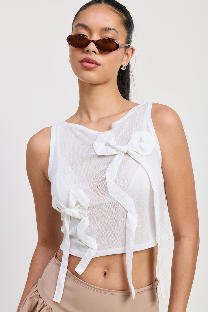 Off White Sleeveless Sheer Bow Top