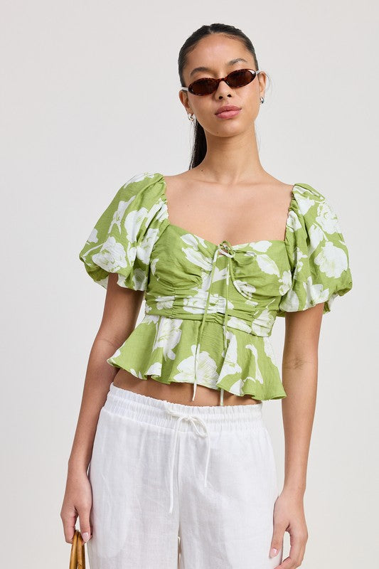 Avocado Short Puff Sleeve Floral Blouse