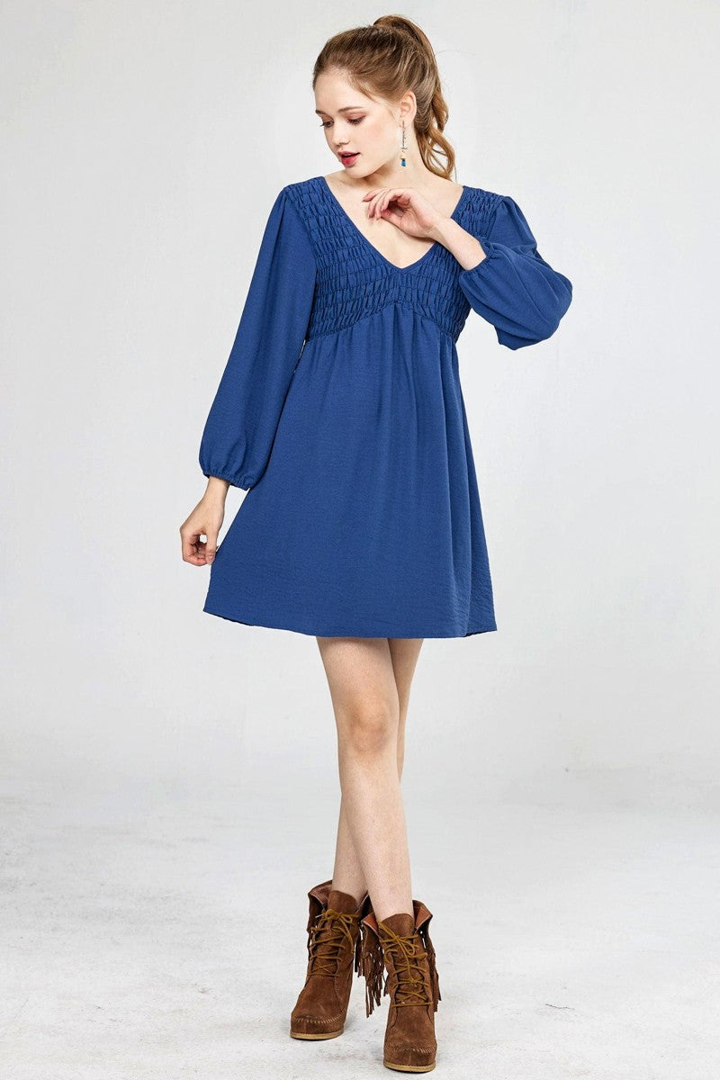 Plus Smocked Bust 3 4 Sleeve V Neck Mini Dress
