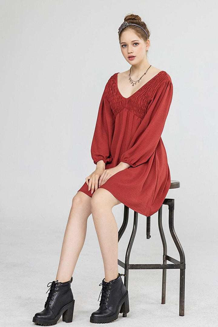 Chocolate Plus Smocked Bust 3 4 Sleeve V Neck Mini Dress