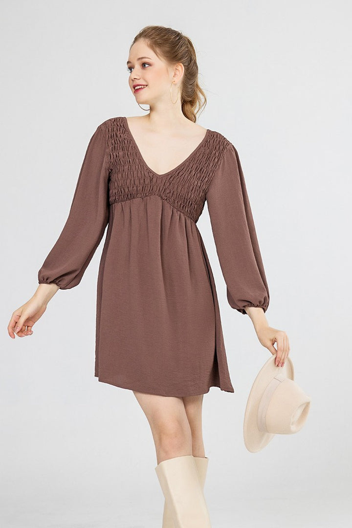 Plus Smocked Bust 3 4 Sleeve V Neck Mini Dress