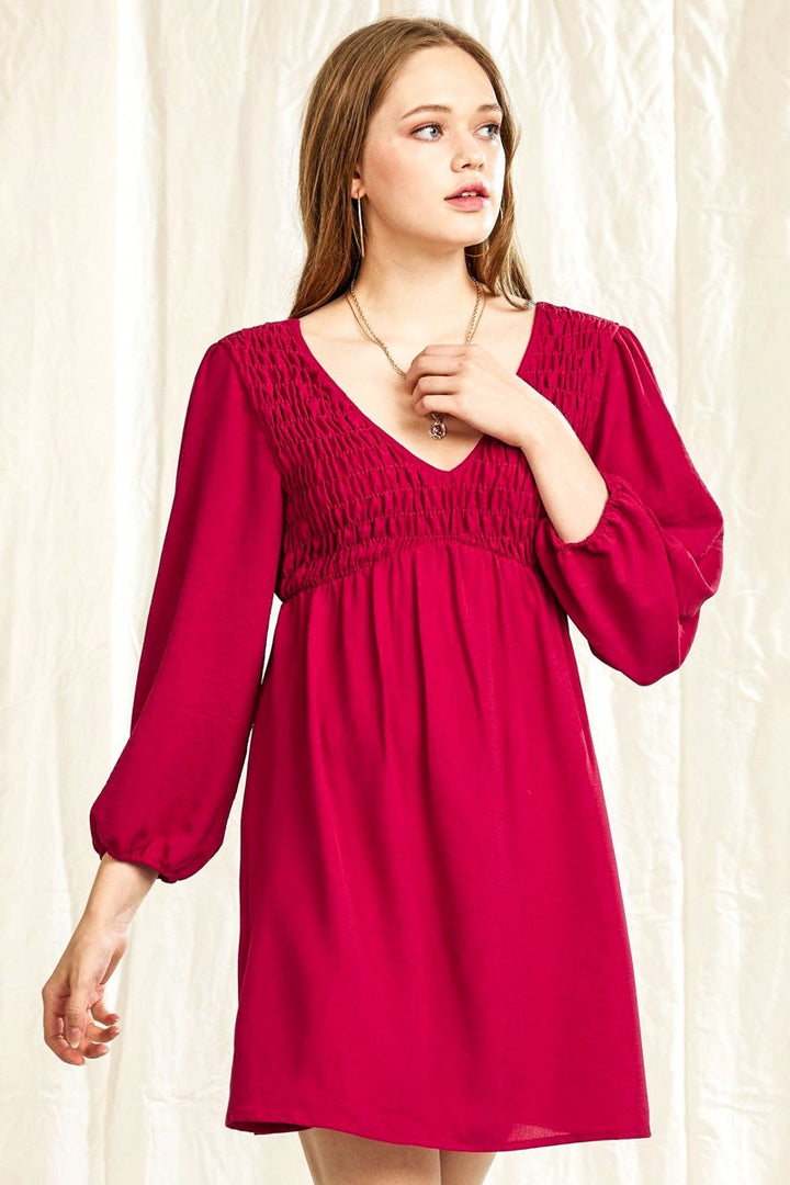Denim Plus Smocked Bust 3 4 Sleeve V Neck Mini Dress