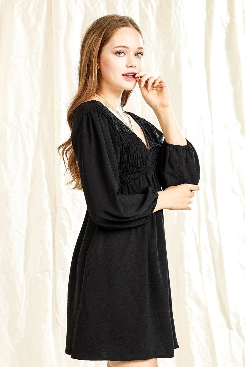 Black Plus Smocked Bust 3 4 Sleeve V Neck Mini Dress