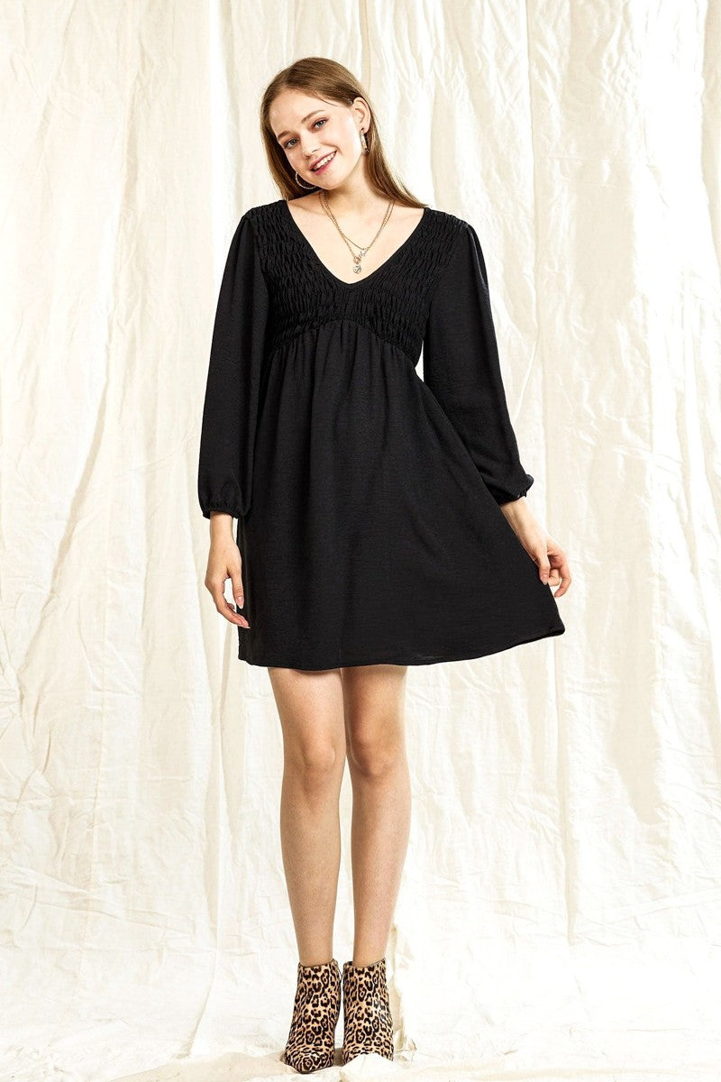 Black Plus Smocked Bust 3 4 Sleeve V Neck Mini Dress