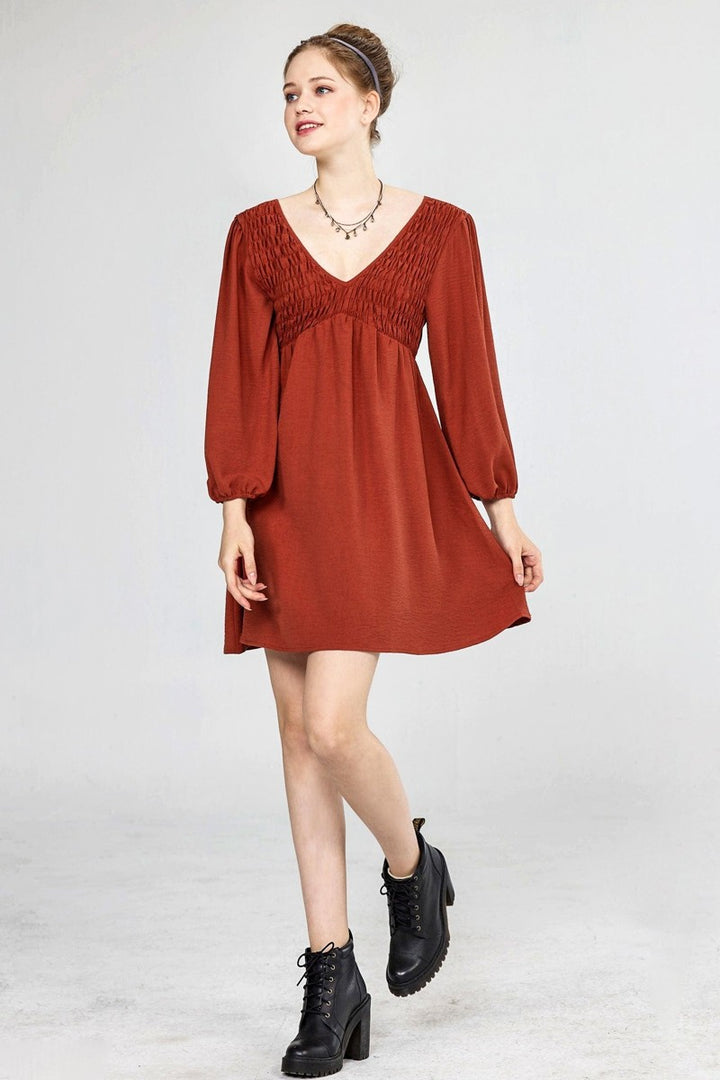 Rust Plus Smocked Bust 3 4 Sleeve V Neck Mini Dress