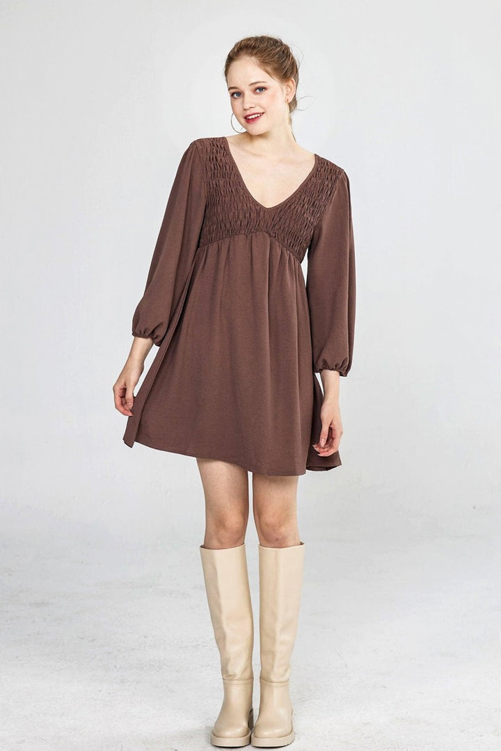 Plus Smocked Bust 3 4 Sleeve V Neck Mini Dress
