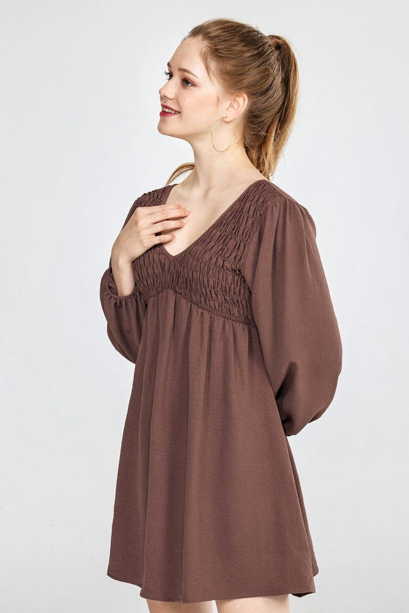 Plus Smocked Bust 3 4 Sleeve V Neck Mini Dress