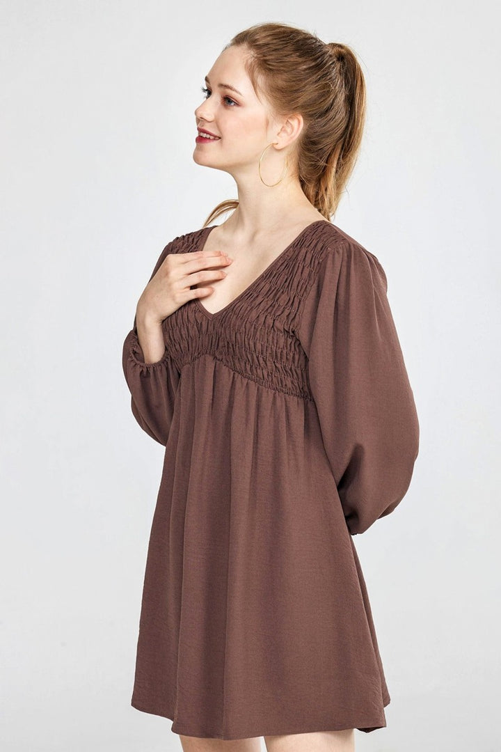 Plus Smocked Bust 3 4 Sleeve V Neck Mini Dress