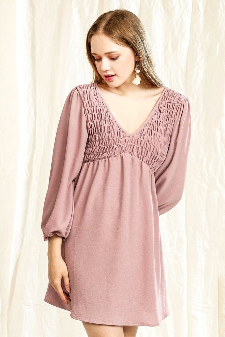 Ruby Plus Smocked Bust 3 4 Sleeve V Neck Mini Dress