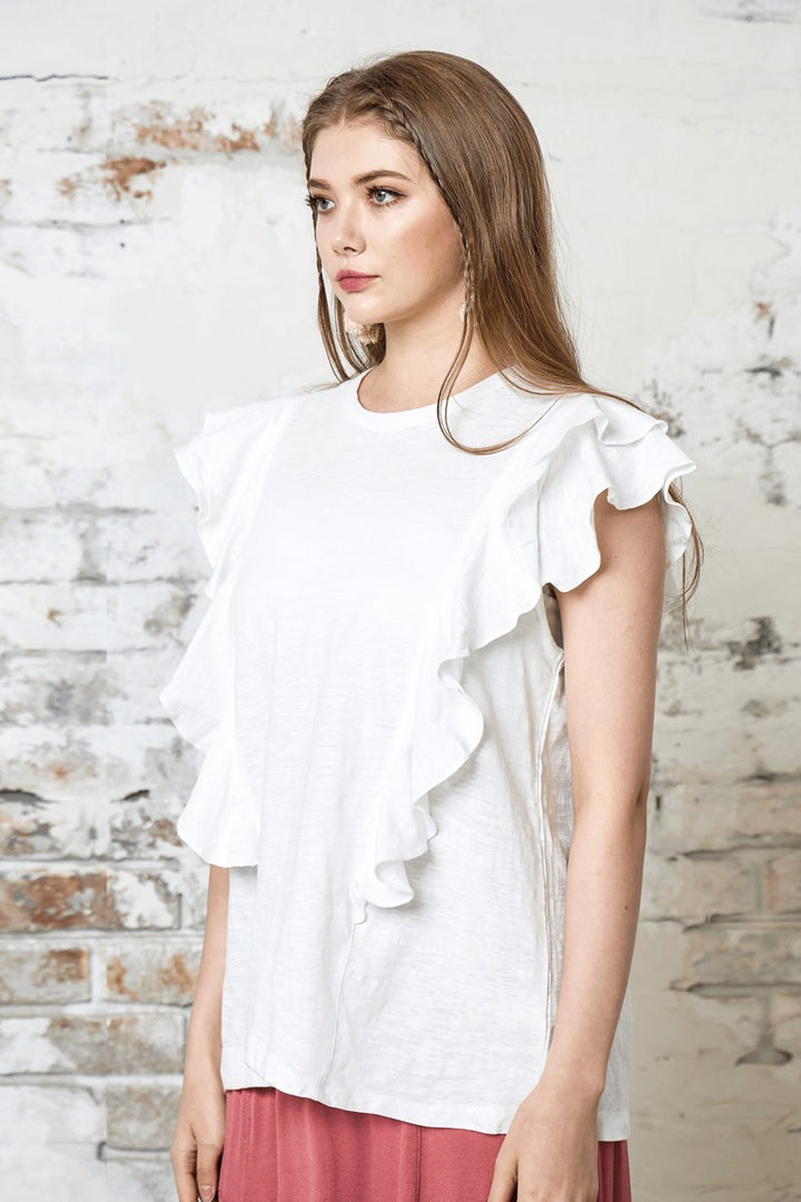 Sky Cotton Slub Double Ruffle Tiered Sleeve Tee