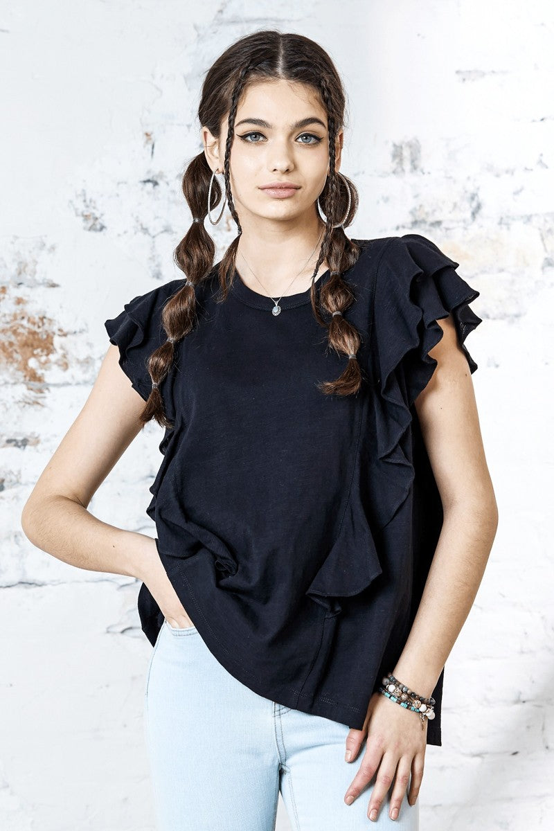 White Cotton Slub Double Ruffle Tiered Sleeve Tee