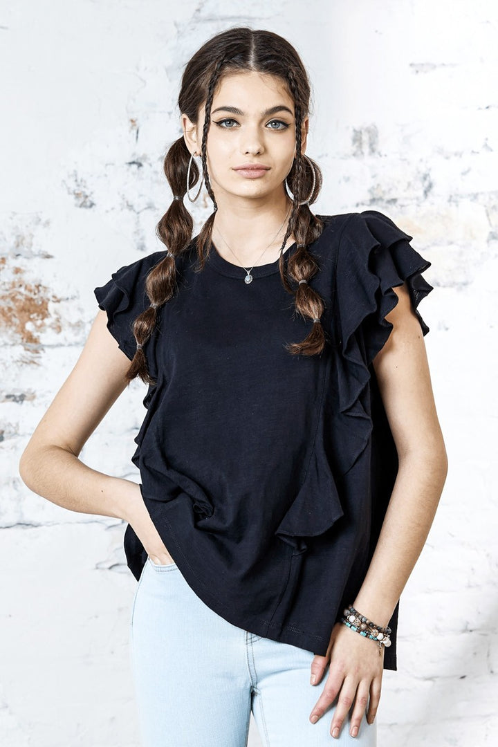 White Cotton Slub Double Ruffle Tiered Sleeve Tee