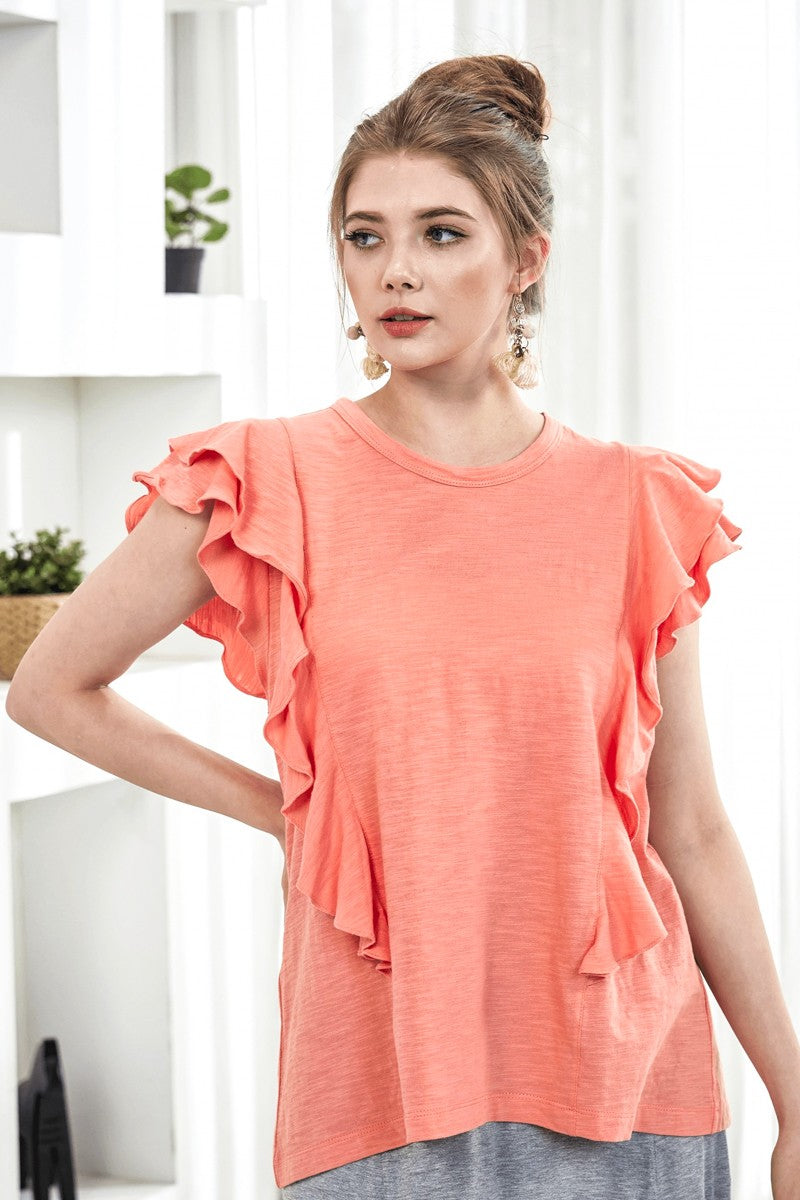 Denim Cotton Slub Double Ruffle Tiered Sleeve Tee