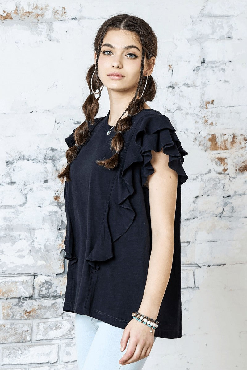 White Cotton Slub Double Ruffle Tiered Sleeve Tee