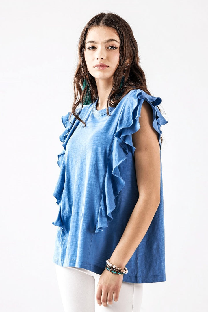 Charcoal Cotton Slub Double Ruffle Tiered Sleeve Tee