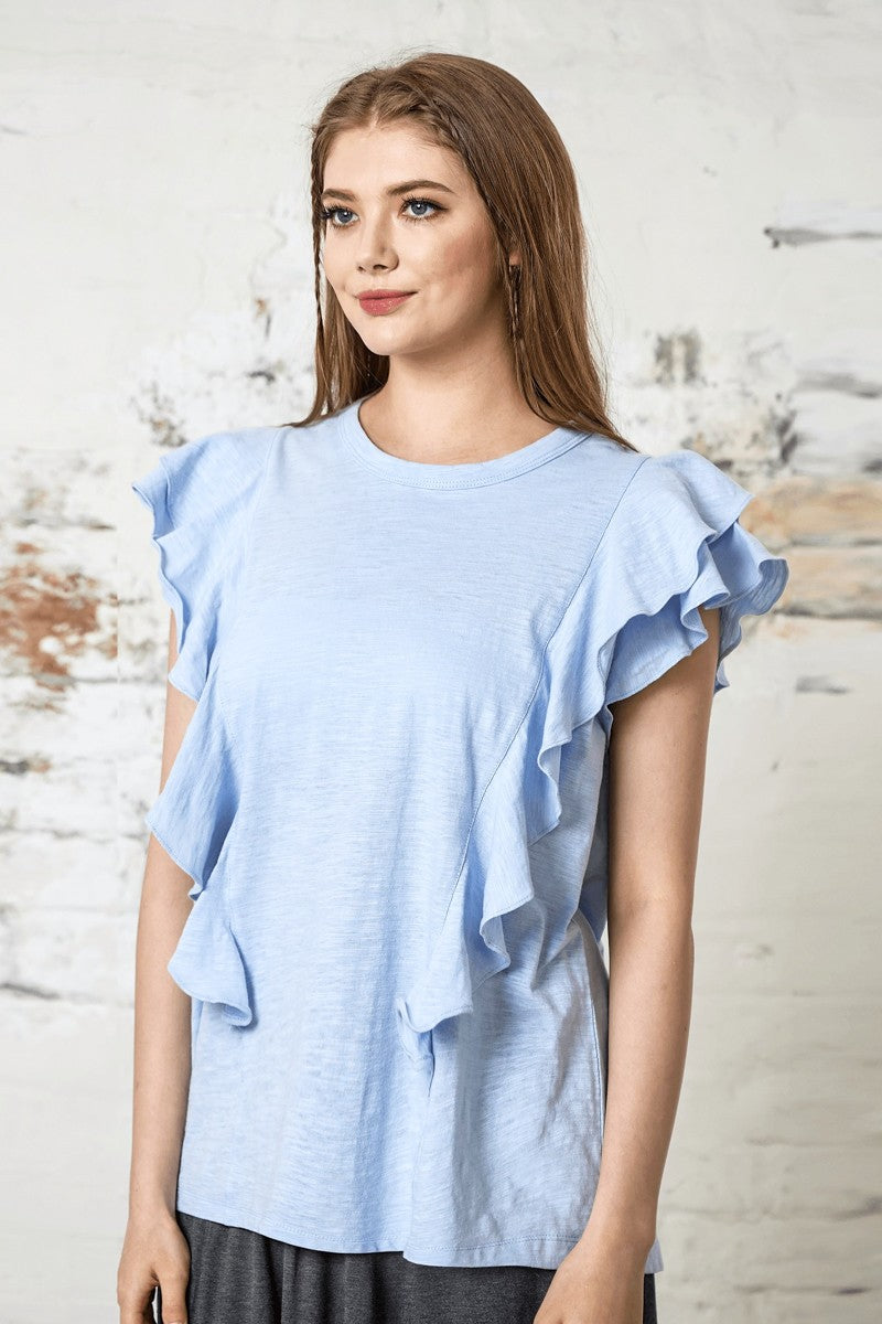 Lilac Cotton Slub Double Ruffle Tiered Sleeve Tee