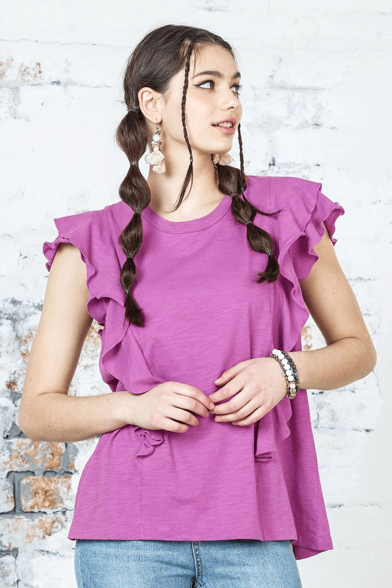 Black Cotton Slub Double Ruffle Tiered Sleeve Tee