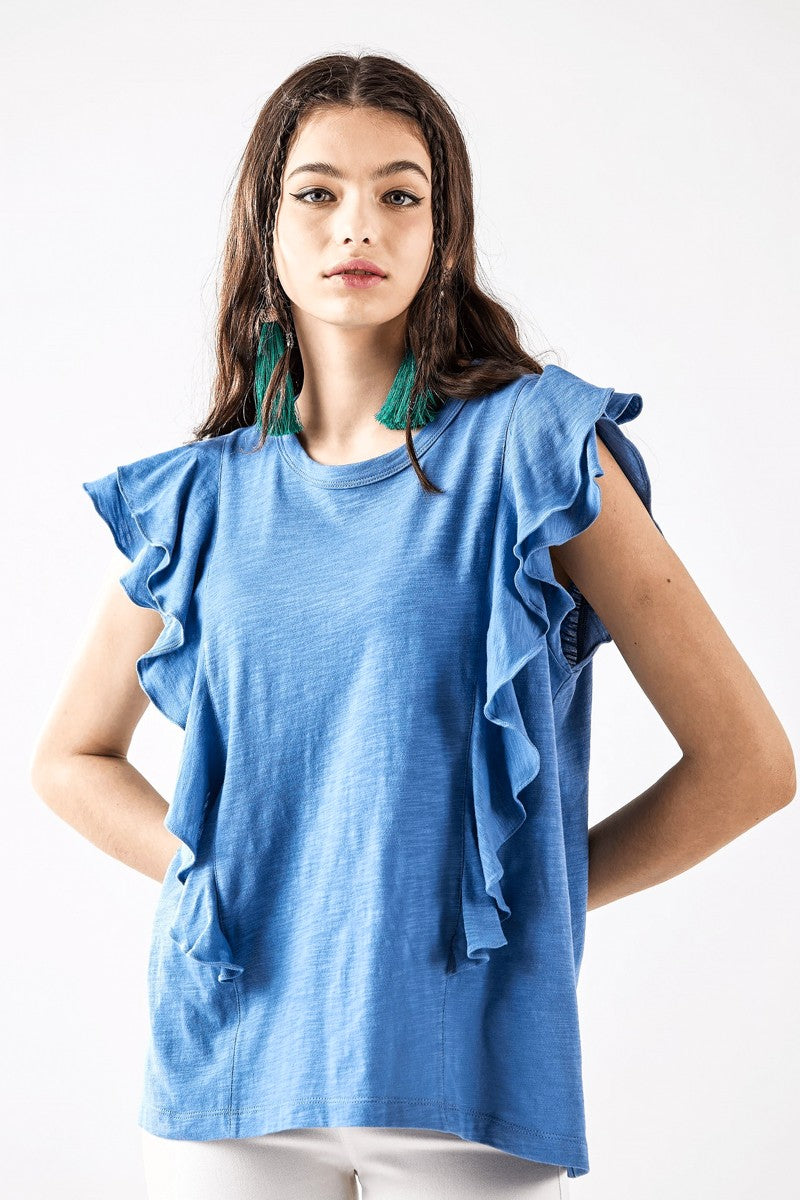 Charcoal Cotton Slub Double Ruffle Tiered Sleeve Tee