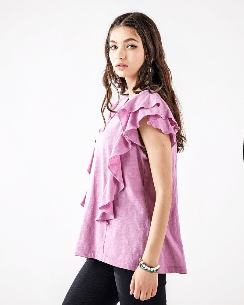 Black Cotton Slub Double Ruffle Tiered Sleeve Tee