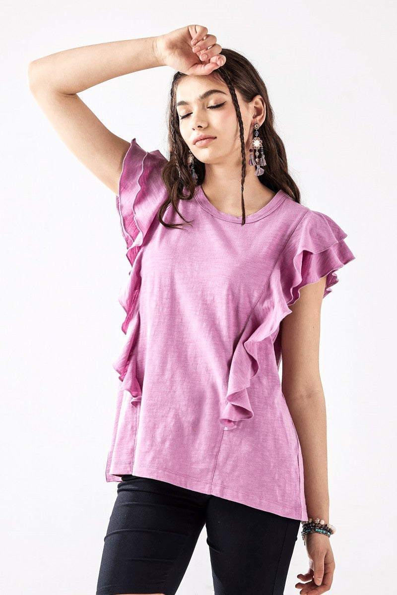 Black Cotton Slub Double Ruffle Tiered Sleeve Tee