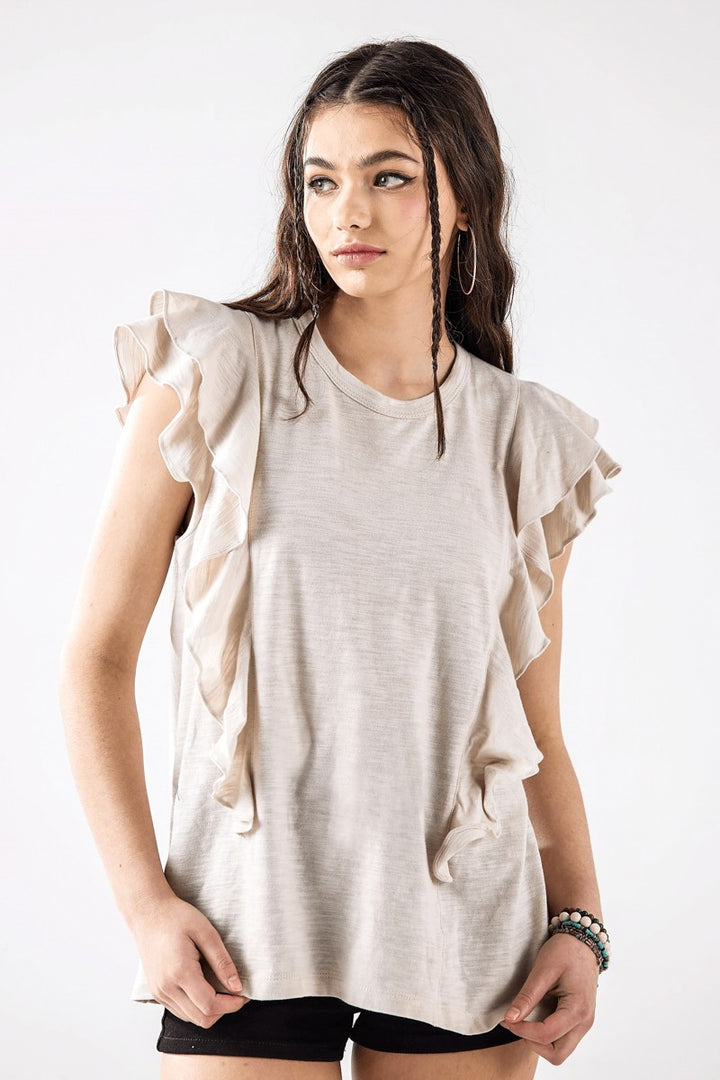Lime Cotton Slub Double Ruffle Tiered Sleeve Tee