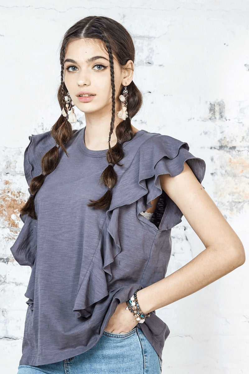 Charcoal Plus Cotton Slub Double Ruffle Tiered Sleeve Tee
