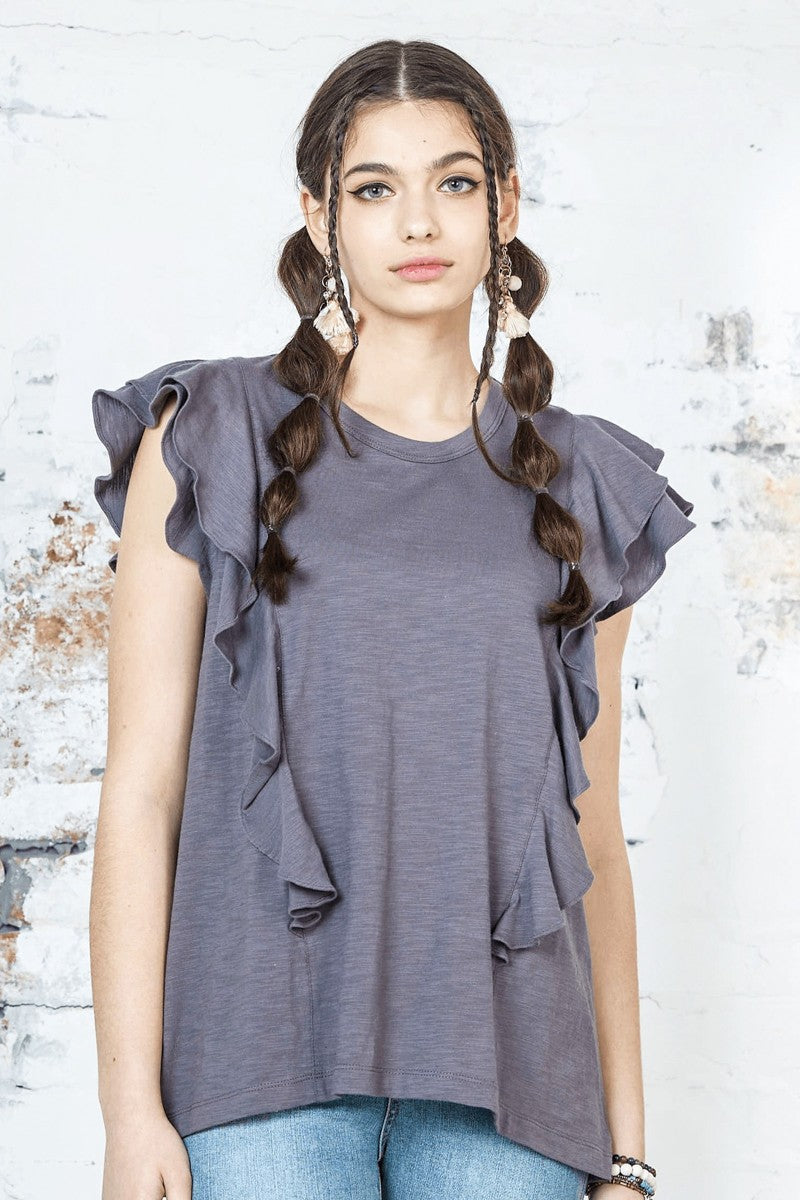 Black Plus Cotton Slub Double Ruffle Tiered Sleeve Tee