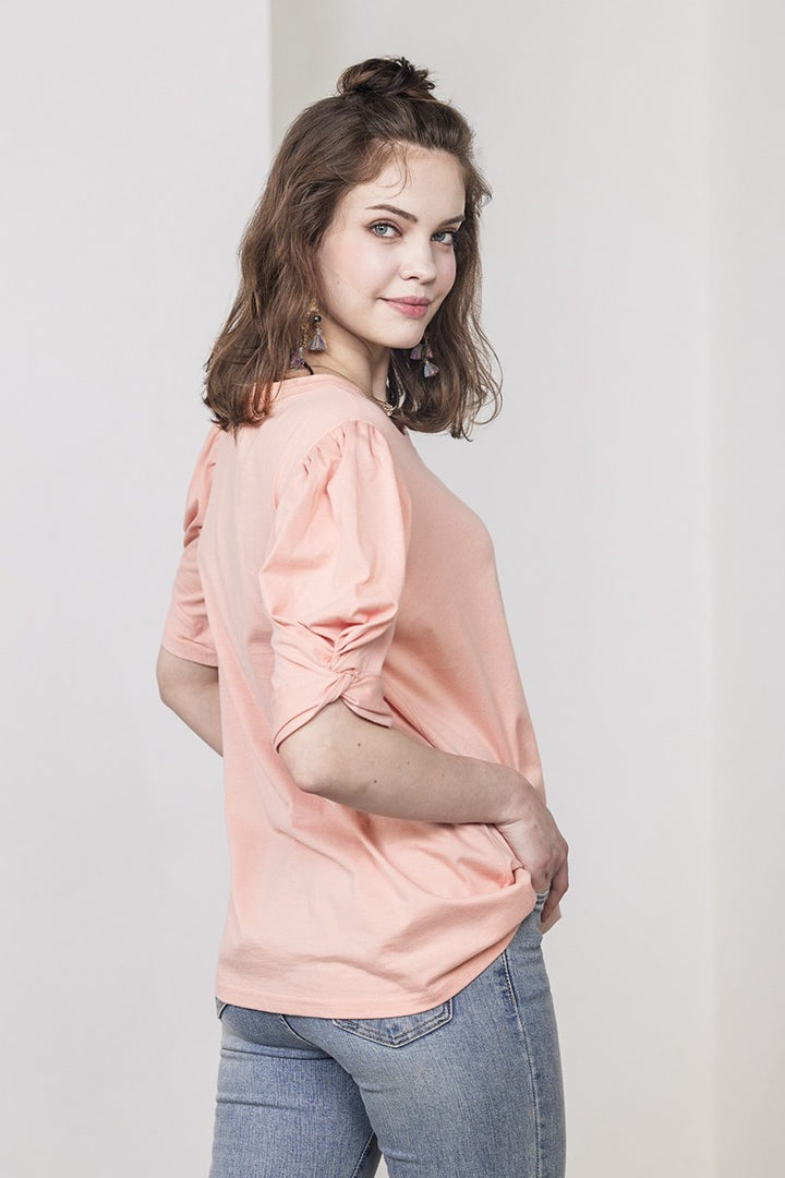 Fuchsia Knotted Puff Sleeve Cotton Knit Top