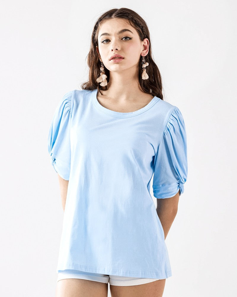 Black Knotted Puff Sleeve Cotton Knit Top
