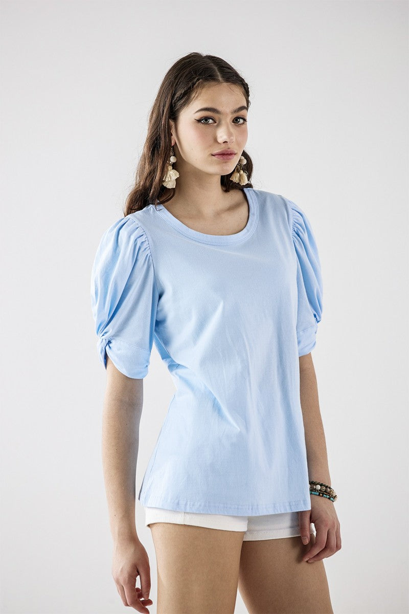Black Knotted Puff Sleeve Cotton Knit Top