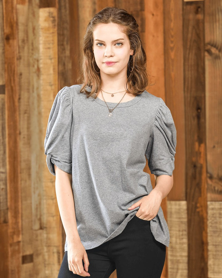 Lilac Knotted Puff Sleeve Cotton Knit Top