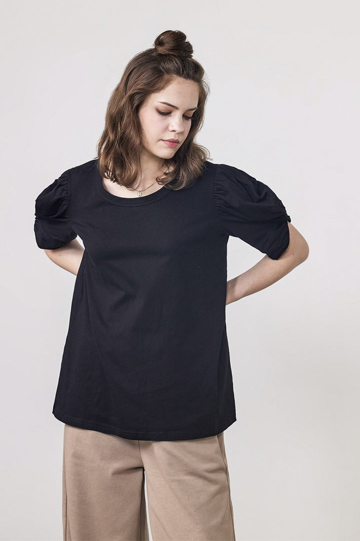 Lilac Knotted Puff Sleeve Cotton Knit Top