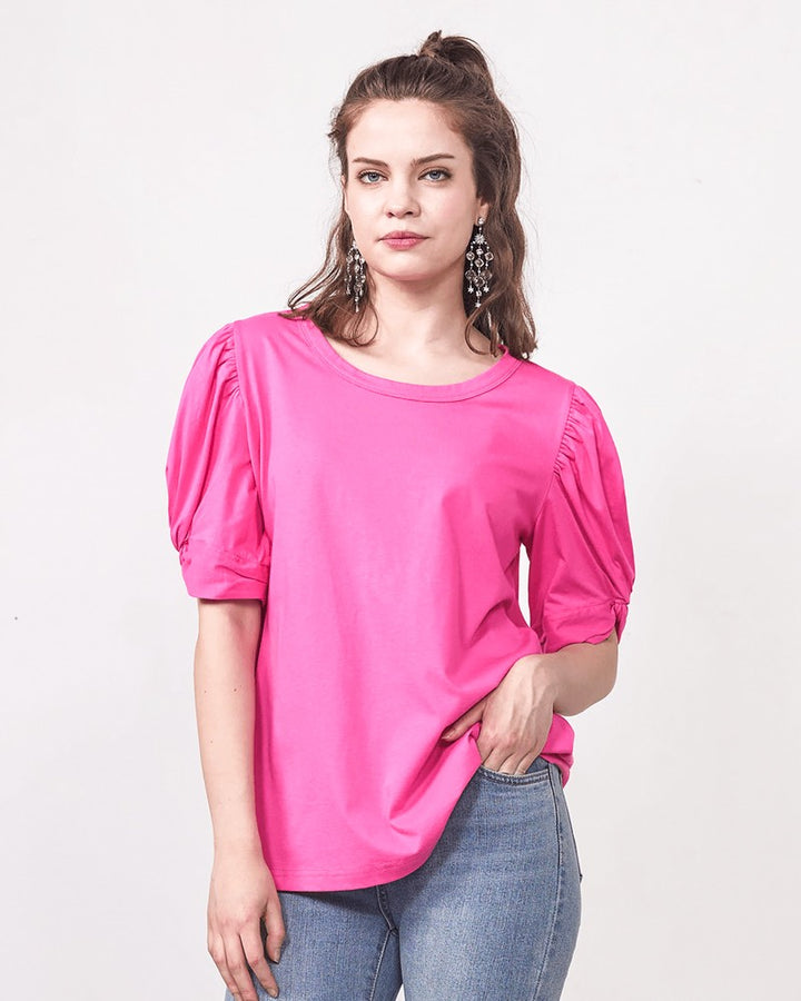 Desert Rose Knotted Puff Sleeve Cotton Knit Top
