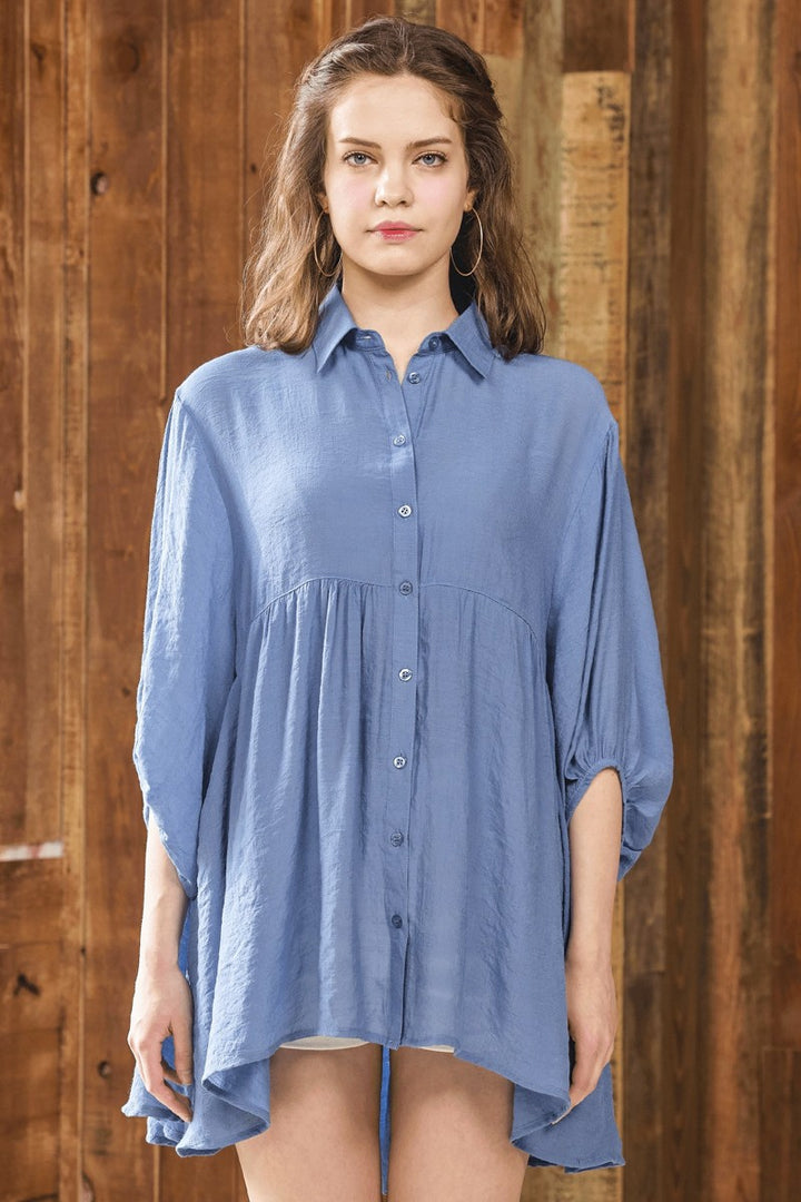 Light Blue Plus Oversized Button Down Babydoll Tunic Top