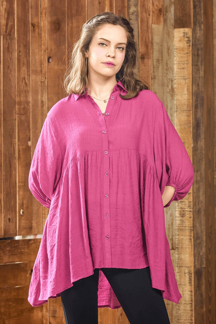 Denim Blue Plus Oversized Button Down Babydoll Tunic Top
