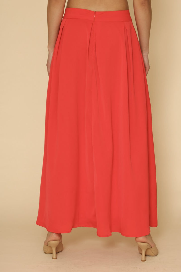 Red High Waist Pleated Skirt