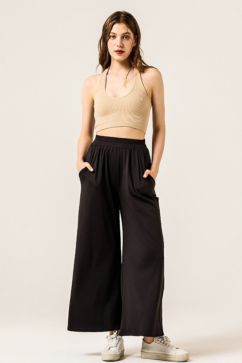 Black Stretch Yoga Knit Wide Leg Palazzo Pants