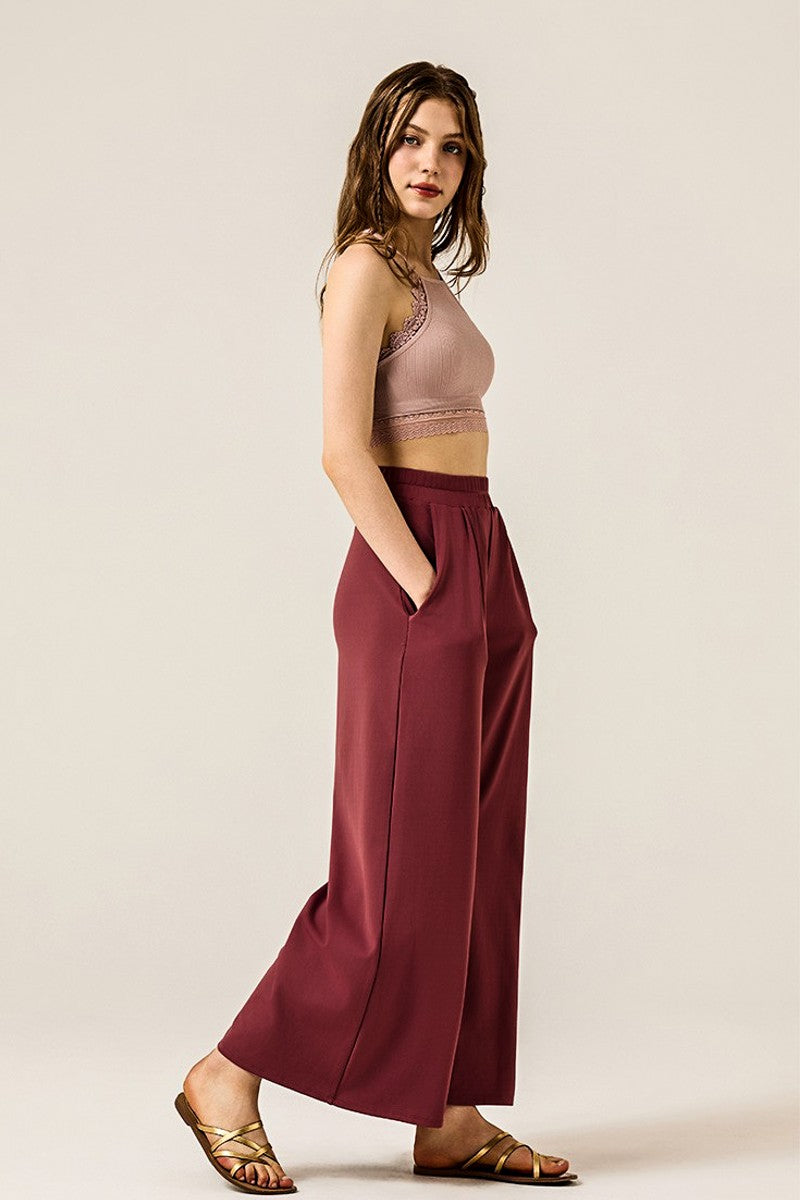 Marsala Stretch Yoga Knit Wide Leg Palazzo Pants