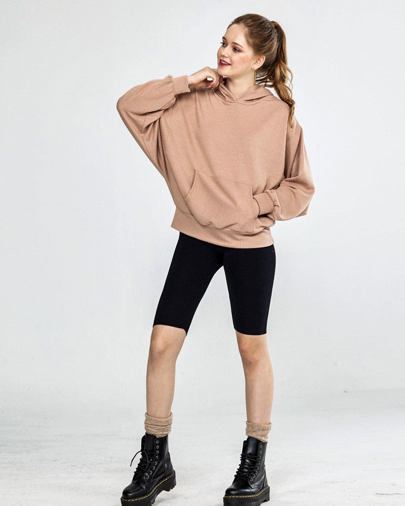 Caramel Plus Oversized Dolman Sleeve Ribbed Hoodie Top