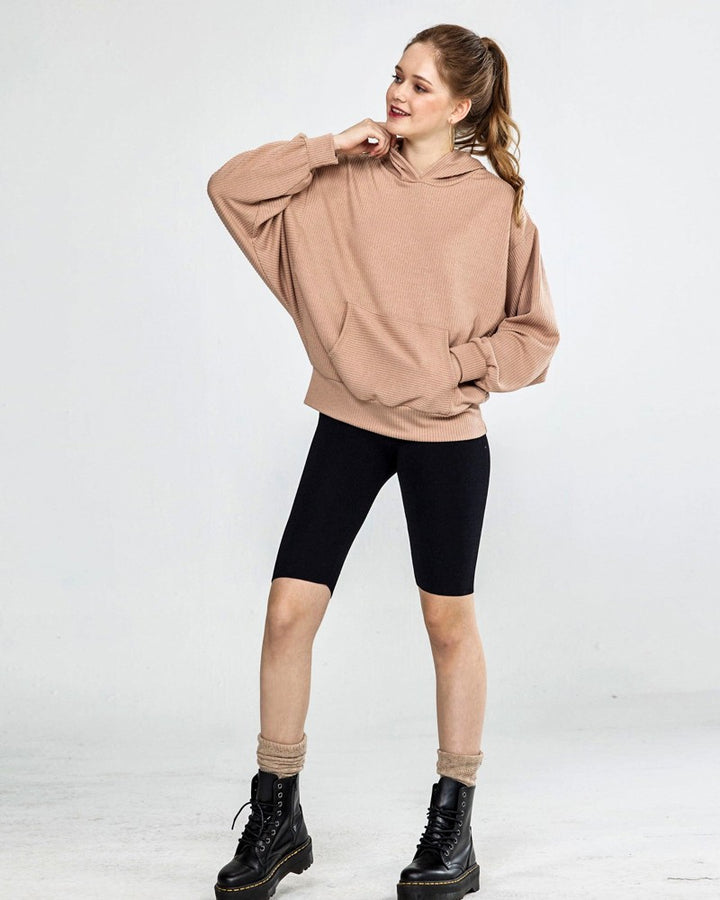Caramel Plus Oversized Dolman Sleeve Ribbed Hoodie Top