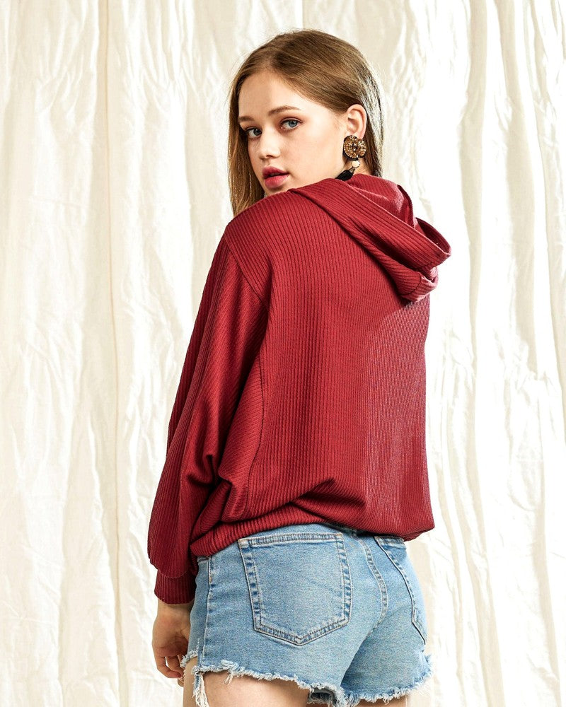 Taupe Plus Oversized Dolman Sleeve Ribbed Hoodie Top