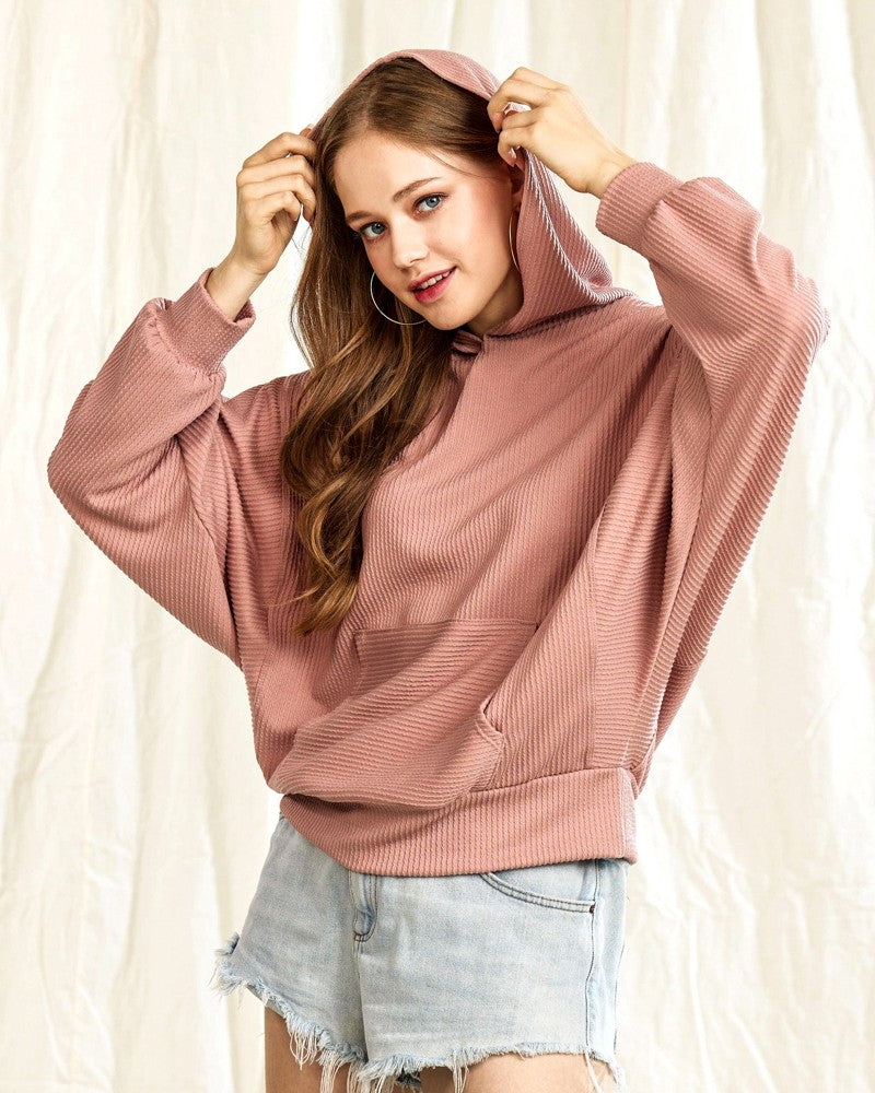 Mauve Plus Oversized Dolman Sleeve Ribbed Hoodie Top