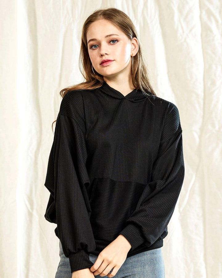 Ivory Plus Oversized Dolman Sleeve Ribbed Hoodie Top