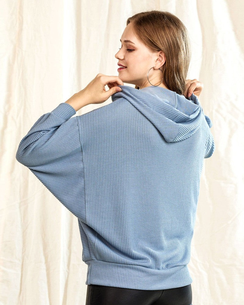 Black Plus Oversized Dolman Sleeve Ribbed Hoodie Top