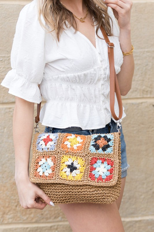 Khaki Sylvie Foldover Crochet Woven Crossbody