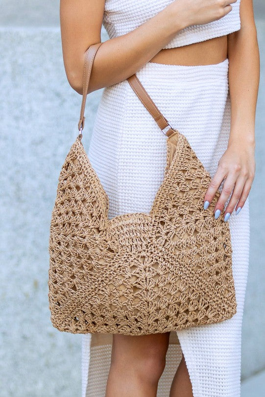 Khaki Dahlia Woven Straw Shoulder Bag