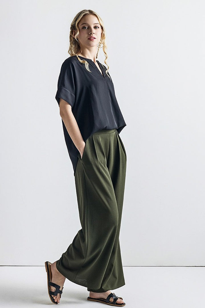 Navy Plus Stretch Crepe High Waist Tuck Wide Leg Pants
