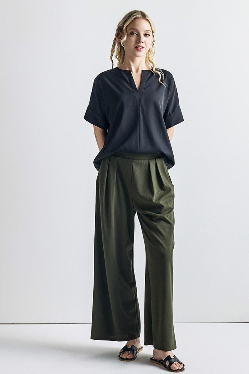 Navy Plus Stretch Crepe High Waist Tuck Wide Leg Pants
