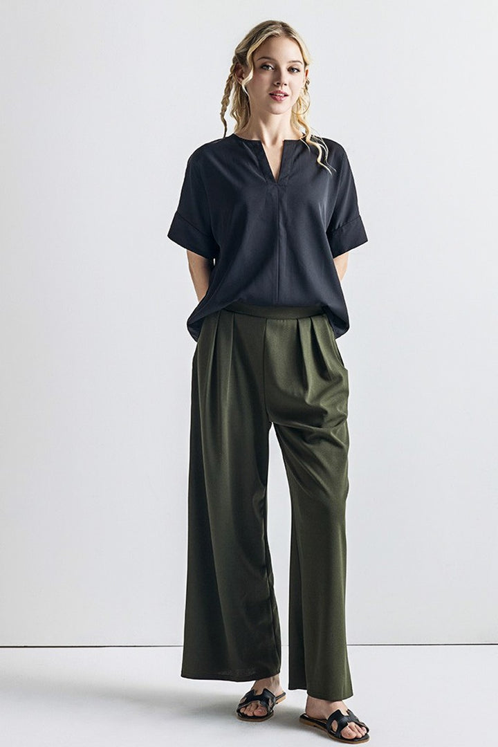 Navy Plus Stretch Crepe High Waist Tuck Wide Leg Pants